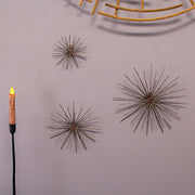 Set of 3 Antique Gold Radiant Starburst Wall Sculptures - Midcentury Modern Metal Art Accents - Large, Medium, and Small