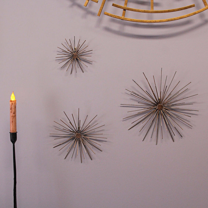 Set of 3 Antique Gold Radiant Starburst Wall Sculptures - Midcentury Modern Metal Art Accents - Large, Medium, and Small