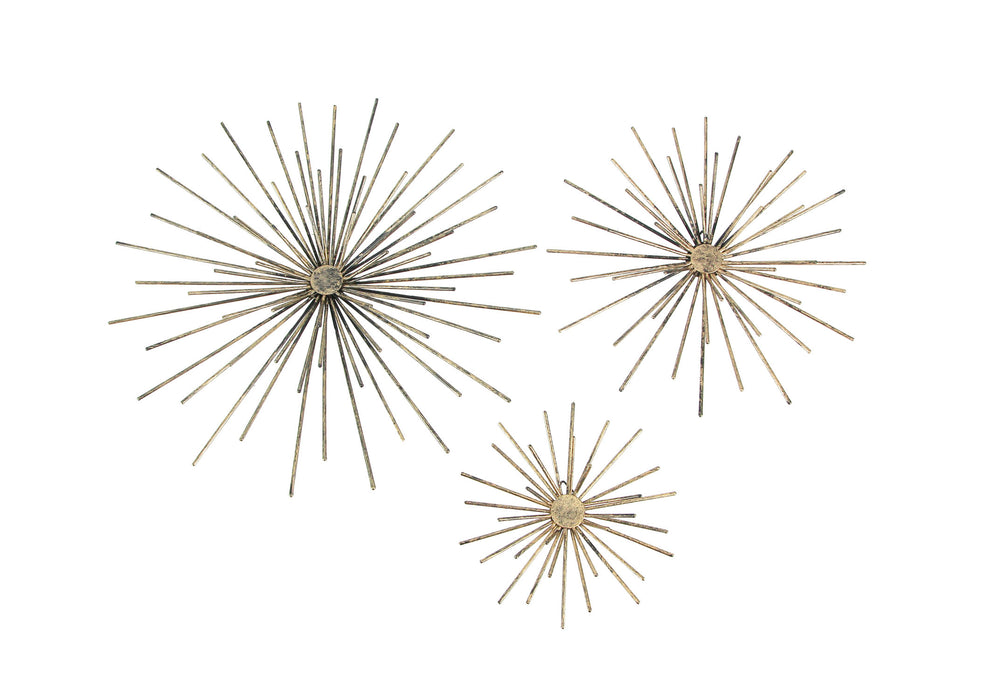 Set of 3 Antique Gold Radiant Starburst Wall Sculptures - Midcentury Modern Metal Art Accents - Large, Medium, and Small