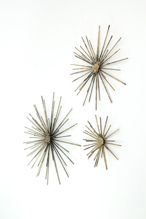 Set of 6 Antique Gold Finish Mid-Century Modern Starburst Metal Wall Sculptures in 12, 9, and 6-Inch Diameter - Radiant
