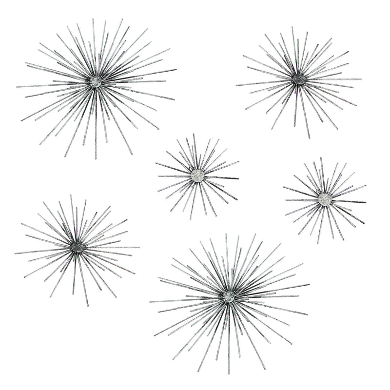 Set of 6 Antique Silver Finish Radiant Starburst Metal Wall Decor Sculptures, 12, 9, 6 Inches in Diameter - Modern