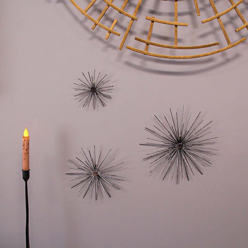 Set of 3 Aged Silver Finish Mid-Century Modern Atomic Star Burst Wall Sculptures MCM Decor 12, 9, 6 Inch Diameter - Stylish
