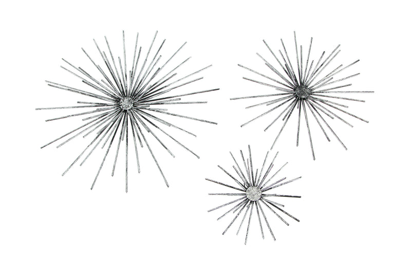 Set of 3 Aged Silver Finish Mid-Century Modern Atomic Star Burst Wall Sculptures MCM Decor 12, 9, 6 Inch Diameter - Stylish