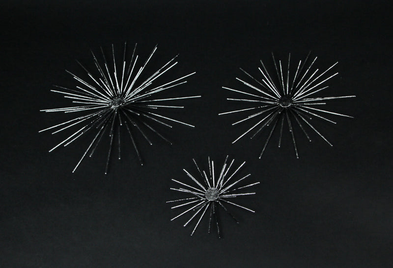 Set of 3 Aged Silver Finish Mid-Century Modern Atomic Star Burst Wall Sculptures MCM Decor 12, 9, 6 Inch Diameter - Stylish