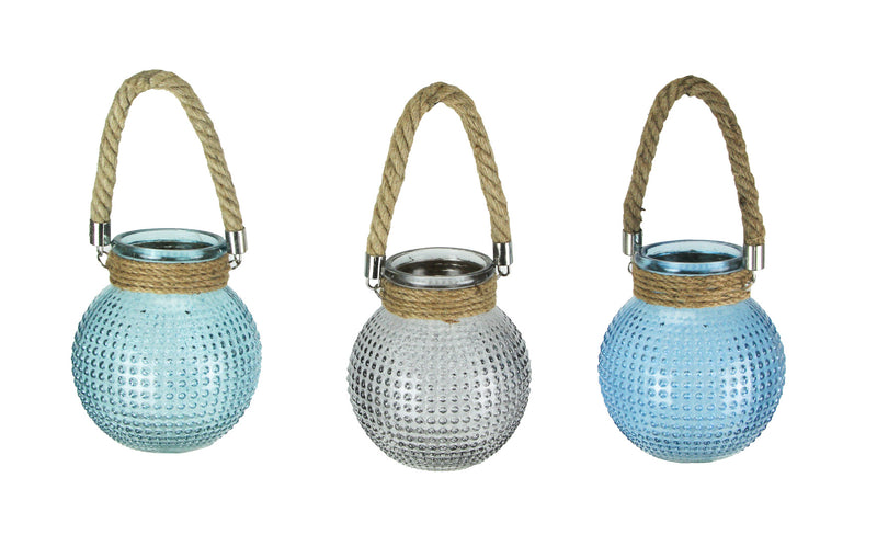 Blue and Gray Glass Lanterns with Bead Texture and Rope Handles - Set of 3 Mid-Century Modern Candle Holders - 6.5 Inches
