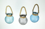 Blue and Gray Glass Lanterns with Bead Texture and Rope Handles - Set of 3 Mid-Century Modern Candle Holders - 6.5 Inches