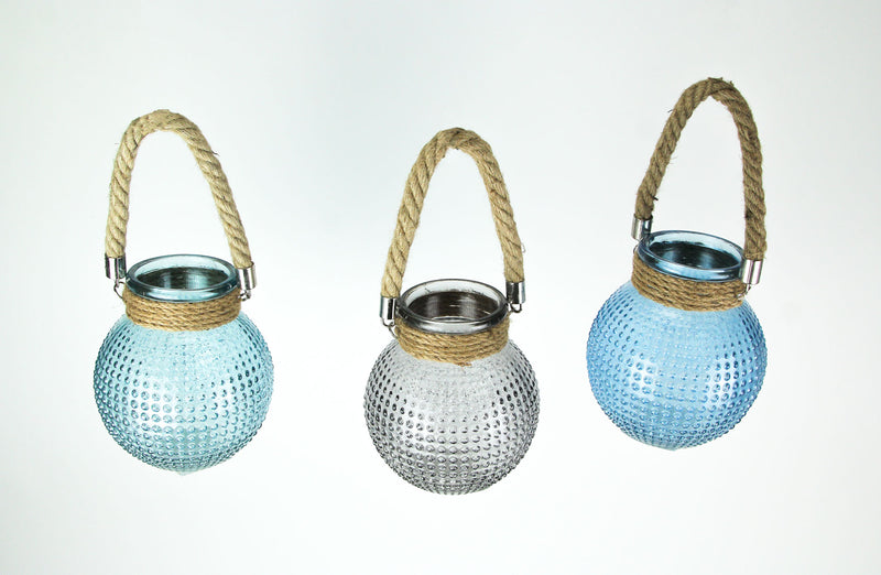 Blue and Gray Glass Lanterns with Bead Texture and Rope Handles - Set of 3 Mid-Century Modern Candle Holders - 6.5 Inches