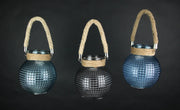 Blue and Gray Glass Lanterns with Bead Texture and Rope Handles - Set of 3 Mid-Century Modern Candle Holders - 6.5 Inches