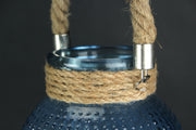 Blue and Gray Glass Lanterns with Bead Texture and Rope Handles - Set of 3 Mid-Century Modern Candle Holders - 6.5 Inches