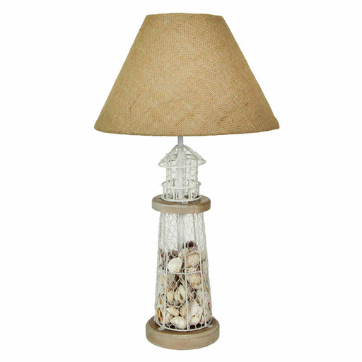 White and Grey Seashell-Filled Lighthouse Table Lamp - Coastal Nautical Décor Accent with Rustic Burlap Shade, 21.5 Inches