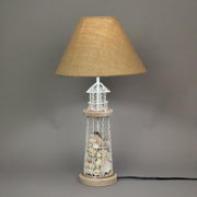 White and Grey Seashell-Filled Lighthouse Table Lamp - Coastal Nautical Décor Accent with Rustic Burlap Shade, 21.5 Inches
