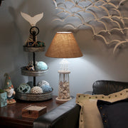 White and Grey Seashell-Filled Lighthouse Table Lamp - Coastal Nautical Décor Accent with Rustic Burlap Shade, 21.5 Inches
