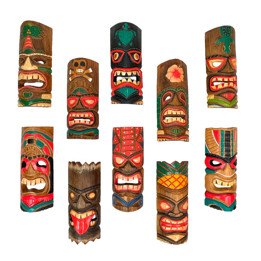 Set of 10 Hand-Carved Tiki Masks - 12-Inch Polynesian Wooden Wall Decor, Artisan-Crafted by Indonesian Masters, Vibrant