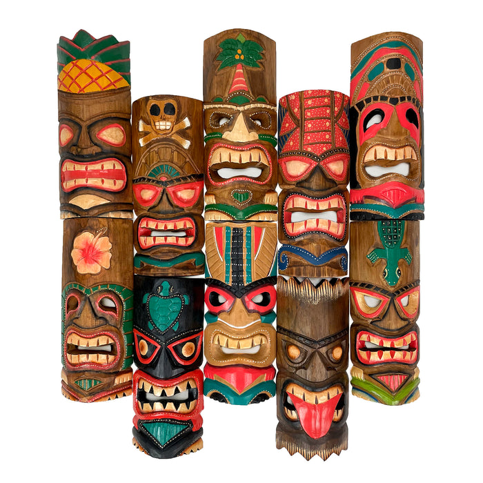 Set of 10 Hand-Carved Tiki Masks - 12-Inch Polynesian Wooden Wall Decor, Artisan-Crafted by Indonesian Masters, Vibrant