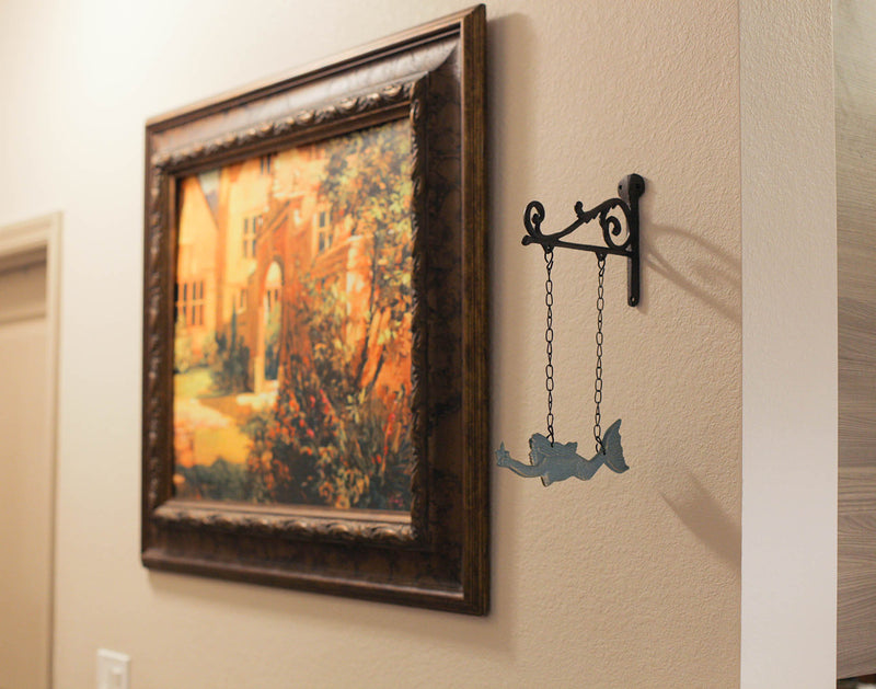 Rustic Brown and Sea Green Cast Iron Swimming Mermaid Hanging Wall Sculpture, 14.25 Inches High, Adorned with a Rustic Scroll