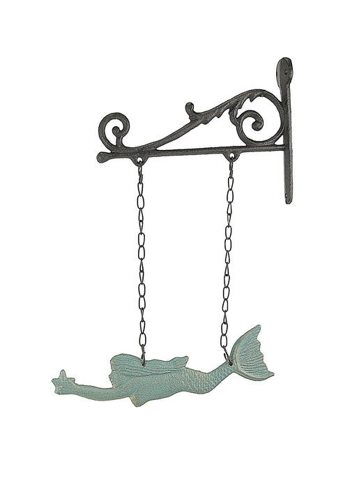 Rustic Brown and Sea Green Cast Iron Swimming Mermaid Hanging Wall Sculpture, 14.25 Inches High, Adorned with a Rustic Scroll
