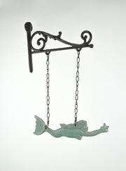 Rustic Brown and Sea Green Cast Iron Swimming Mermaid Hanging Wall Sculpture, 14.25 Inches High, Adorned with a Rustic Scroll