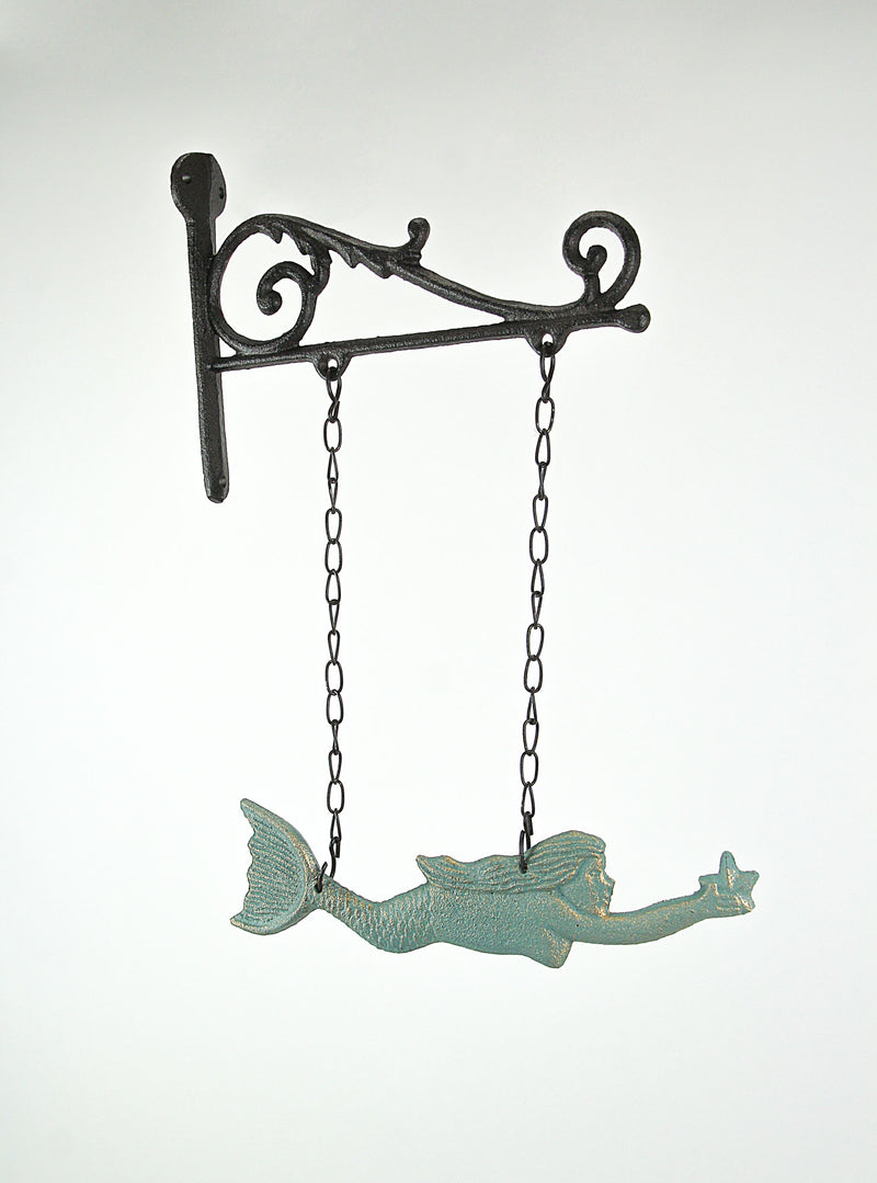 Rustic Brown and Sea Green Cast Iron Swimming Mermaid Hanging Wall Sculpture, 14.25 Inches High, Adorned with a Rustic Scroll