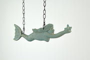 Rustic Brown and Sea Green Cast Iron Swimming Mermaid Hanging Wall Sculpture, 14.25 Inches High, Adorned with a Rustic Scroll
