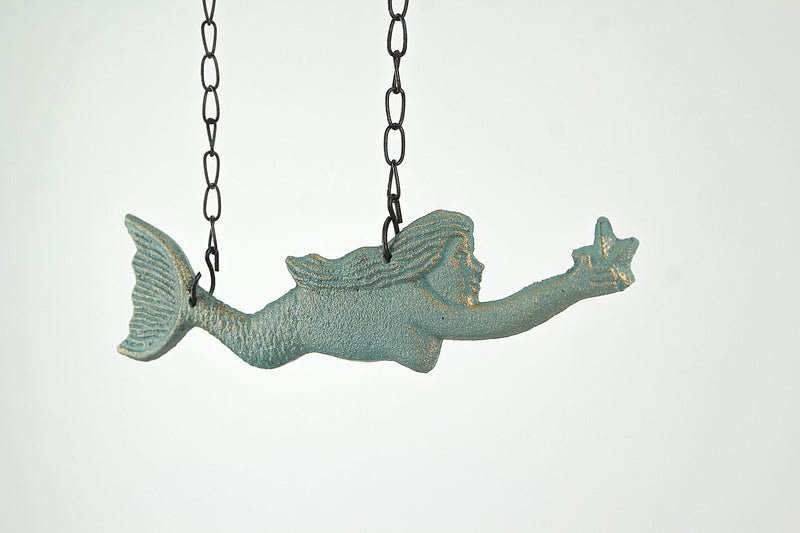Rustic Brown and Sea Green Cast Iron Swimming Mermaid Hanging Wall Sculpture, 14.25 Inches High, Adorned with a Rustic Scroll