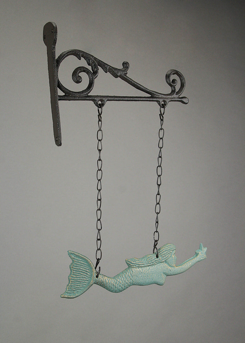 Rustic Brown and Sea Green Cast Iron Swimming Mermaid Hanging Wall Sculpture, 14.25 Inches High, Adorned with a Rustic Scroll