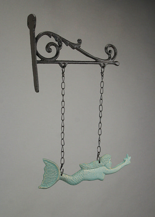 Rustic Brown and Sea Green Cast Iron Swimming Mermaid Hanging Wall Sculpture, 14.25 Inches High, Adorned with a Rustic Scroll