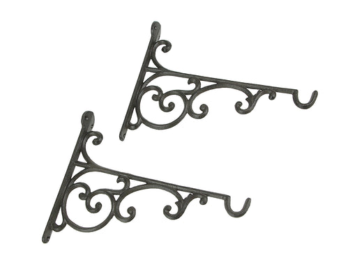Set of 2 Ornate Cast Iron Scroll Design Wall Shelf Brackets with Hooks, Decorative Plant Hangers, Rustic Brown Finish, 10.75