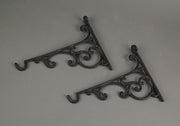 Set of 2 Ornate Cast Iron Scroll Design Wall Shelf Brackets with Hooks, Decorative Plant Hangers, Rustic Brown Finish, 10.75