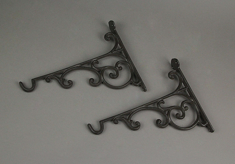Set of 2 Ornate Cast Iron Scroll Design Wall Shelf Brackets with Hooks, Decorative Plant Hangers, Rustic Brown Finish, 10.75