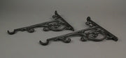 Set of 2 Ornate Cast Iron Scroll Design Wall Shelf Brackets with Hooks, Decorative Plant Hangers, Rustic Brown Finish, 10.75