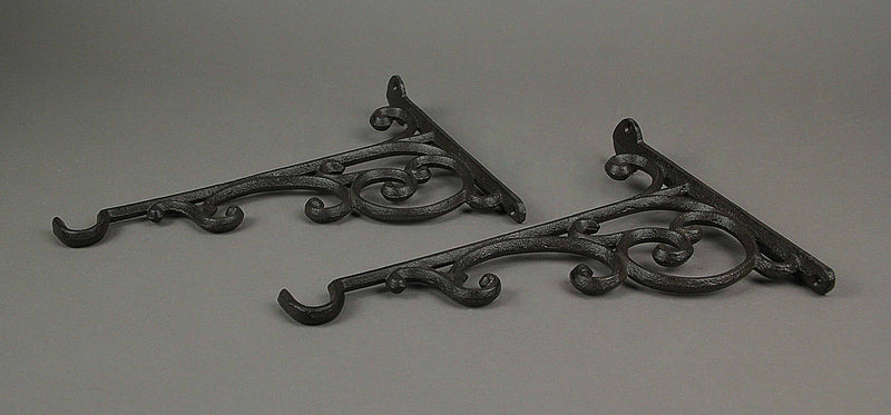 Set of 2 Ornate Cast Iron Scroll Design Wall Shelf Brackets with Hooks, Decorative Plant Hangers, Rustic Brown Finish, 10.75