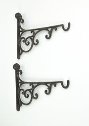 Set of 2 Ornate Cast Iron Scroll Design Wall Shelf Brackets with Hooks, Decorative Plant Hangers, Rustic Brown Finish, 10.75