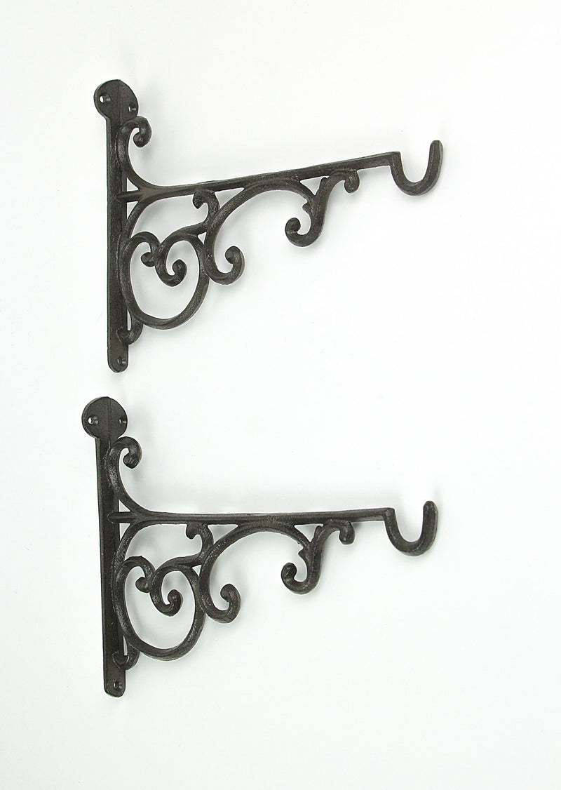 Set of 2 Ornate Cast Iron Scroll Design Wall Shelf Brackets with Hooks, Decorative Plant Hangers, Rustic Brown Finish, 10.75