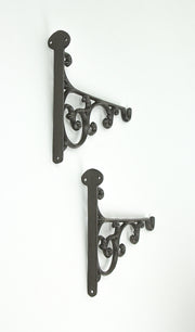 Set of 2 Ornate Cast Iron Scroll Design Wall Shelf Brackets with Hooks, Decorative Plant Hangers, Rustic Brown Finish, 10.75