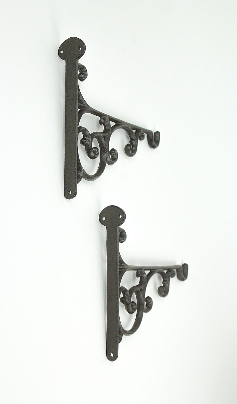 Set of 2 Ornate Cast Iron Scroll Design Wall Shelf Brackets with Hooks, Decorative Plant Hangers, Rustic Brown Finish, 10.75