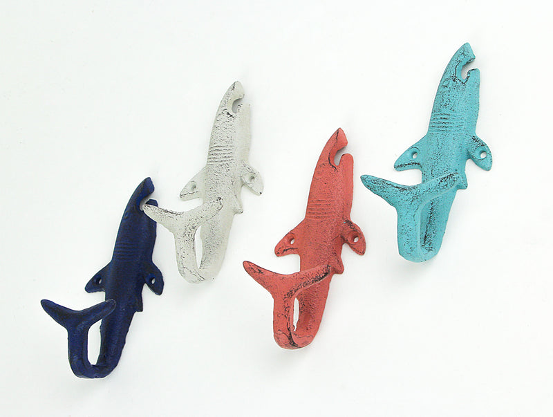 Coastal Coral - Image 2 - Set of 4 Cast Iron Coastal Color Shark Tail Wall Hooks - Decorative Nautical Accents for