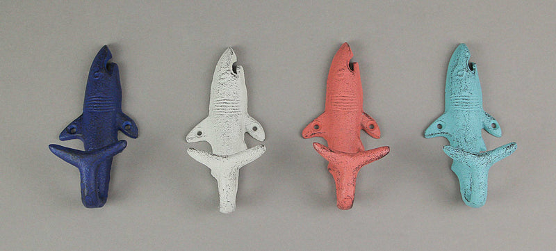 Coastal Coral - Image 7 - Set of 4 Cast Iron Coastal Color Shark Tail Wall Hooks - Decorative Nautical Accents for
