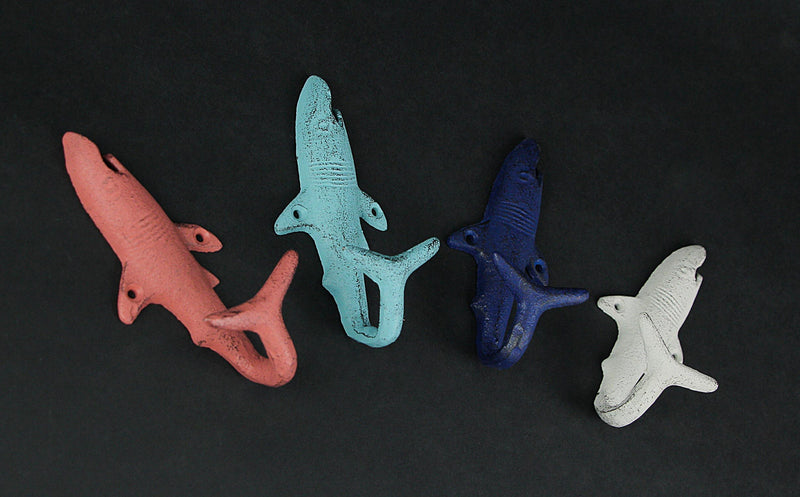 Coastal Coral - Image 8 - Set of 4 Cast Iron Coastal Color Shark Tail Wall Hooks - Decorative Nautical Accents for