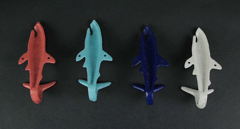 Coastal Coral - Image 9 - Set of 4 Cast Iron Coastal Color Shark Tail Wall Hooks - Decorative Nautical Accents for