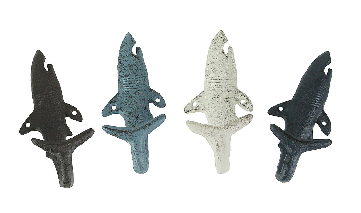 Nautical - Image 1 - Set of 4 Cast Iron Shark Tail Wall Hooks - Nautical Beach-Themed Bathroom Towel and Coat Hanging Decor -
