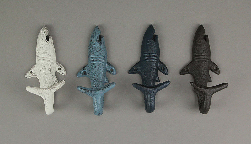 Nautical - Image 3 - Set of 4 Cast Iron Shark Tail Wall Hooks - Nautical Beach-Themed Bathroom Towel and Coat Hanging Decor -