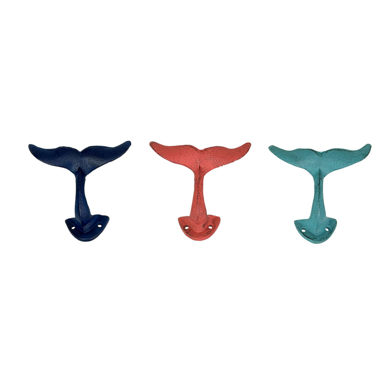 Zeckos Set of 3 Cast Iron Whale Tail Wall Hooks, 5 Inch Coastal Nautical Image 2