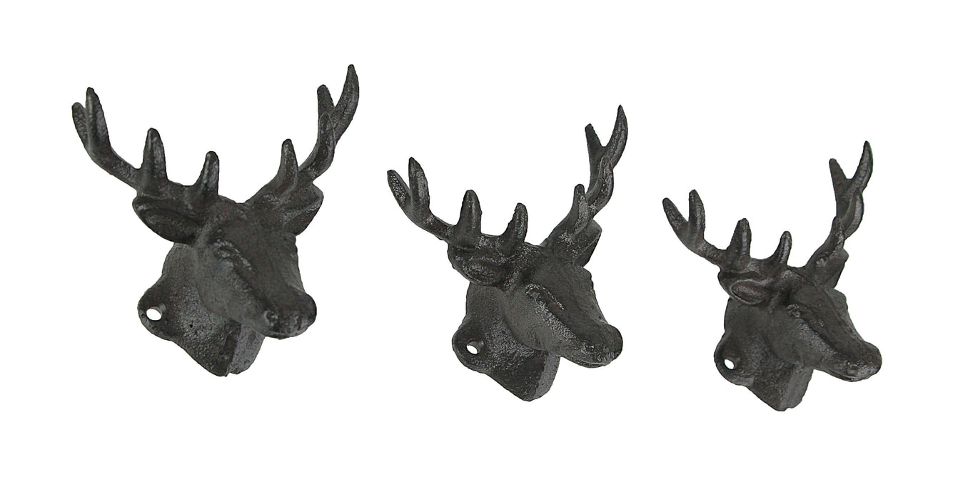 Set of 3 Rustic Brown Cast Iron Deer Head Wall Hooks for Lodge and Cabin Decor - 4.25 Inches Long - Antique Brown Hooks for