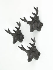 Set of 3 Rustic Brown Cast Iron Deer Head Wall Hooks for Lodge and Cabin Decor - 4.25 Inches Long - Antique Brown Hooks for