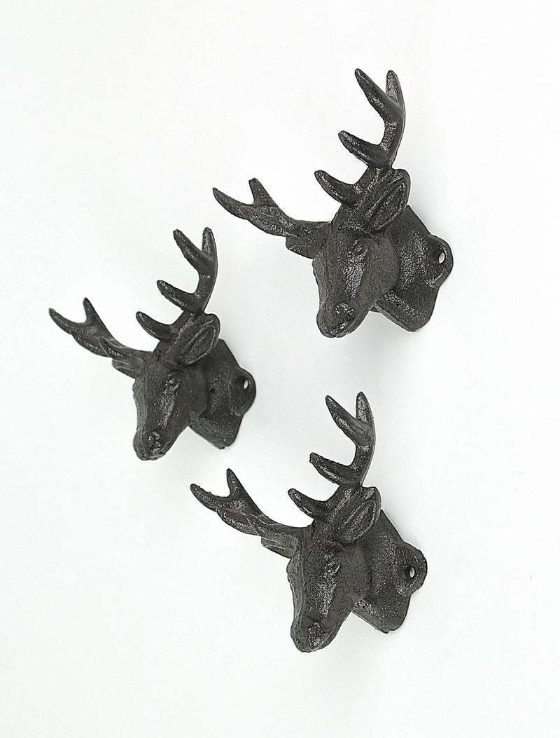 Set of 3 Rustic Brown Cast Iron Deer Head Wall Hooks for Lodge and Cabin Decor - 4.25 Inches Long - Antique Brown Hooks for