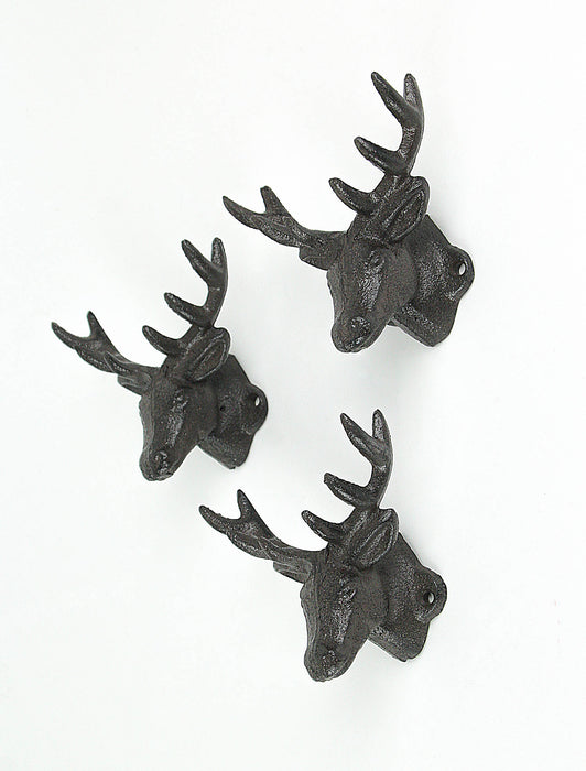 Set of 3 Rustic Brown Deer Head Decorative Wall Hooks Lodge Decor