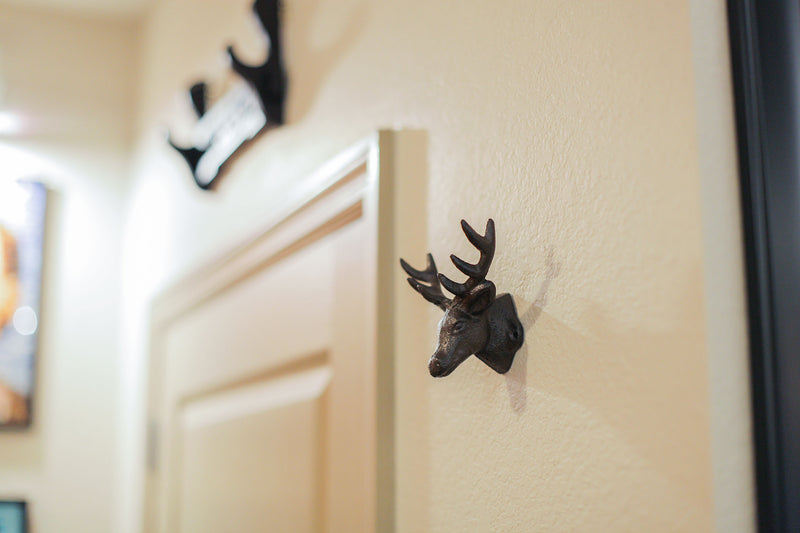 Set of 3 Rustic Brown Cast Iron Deer Head Wall Hooks for Lodge and Cabin Decor - 4.25 Inches Long - Antique Brown Hooks for