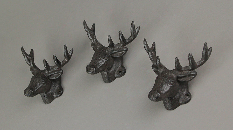 Set of 3 Rustic Brown Cast Iron Deer Head Wall Hooks for Lodge and Cabin Decor - 4.25 Inches Long - Antique Brown Hooks for