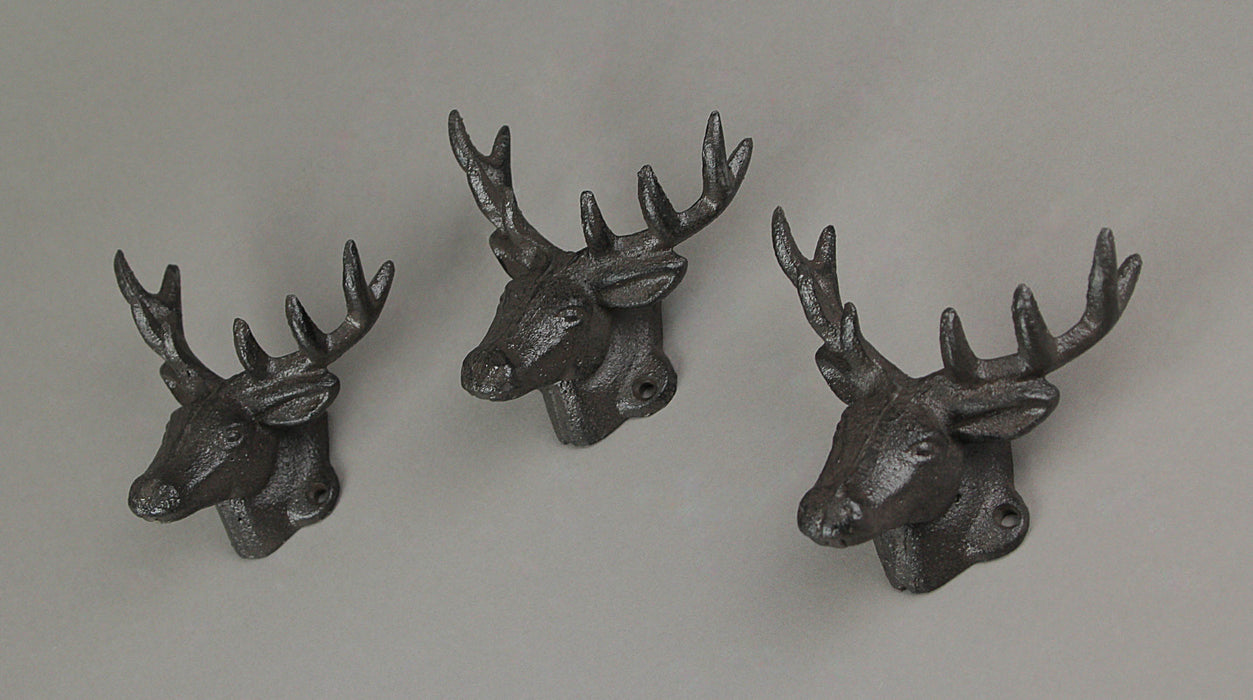 Set of 3 Rustic Brown Cast Iron Deer Head Wall Hooks for Lodge and Cabin Decor - 4.25 Inches Long - Antique Brown Hooks for