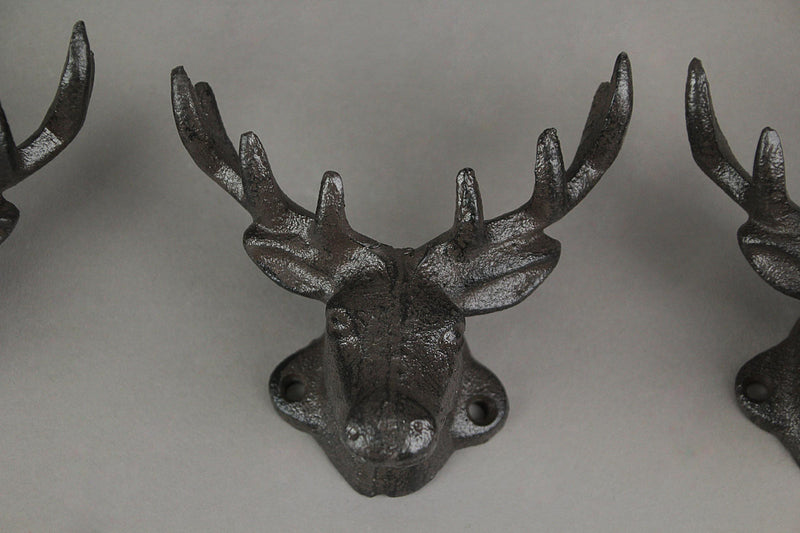 Set of 3 Rustic Brown Cast Iron Deer Head Wall Hooks for Lodge and Cabin Decor - 4.25 Inches Long - Antique Brown Hooks for